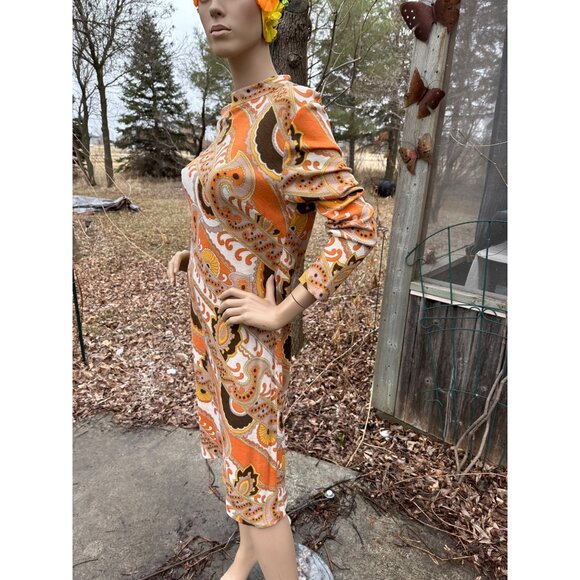 60s Groovy Print Knit Belted Shirt Dress 100% Virgin Wool Long Sleeve Orange Yel - Picture 3 of 16